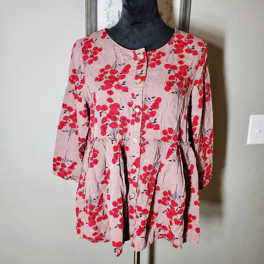 Emery Rose Red Floral Flowy Women's Bohemian Boho Blouse Size Medium NWOT